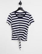Only Arli Short Sleeve Knot Front Jersey Top In Navy And White Stripe-multi