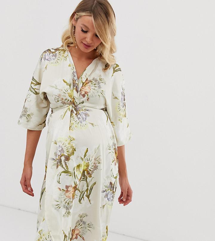 Hope & Ivy Maternity Knot Front Midi Dress In Summer Floral Print - Multi