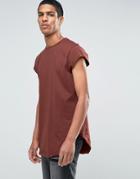 Asos Super Longline T-shirt With Cap Sleeve And Curved Hem In Chestnut - Red