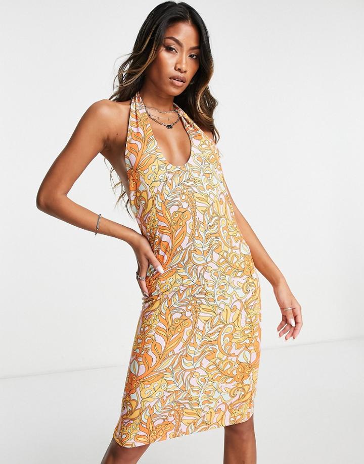 Vila Halterneck Crossed Neck Mini Jersey Dress In Bright Floral Print-multi