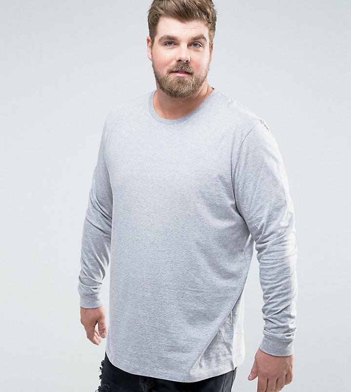 Asos Design Plus Longline Long Sleeve T-shirt With Crew Neck - Gray