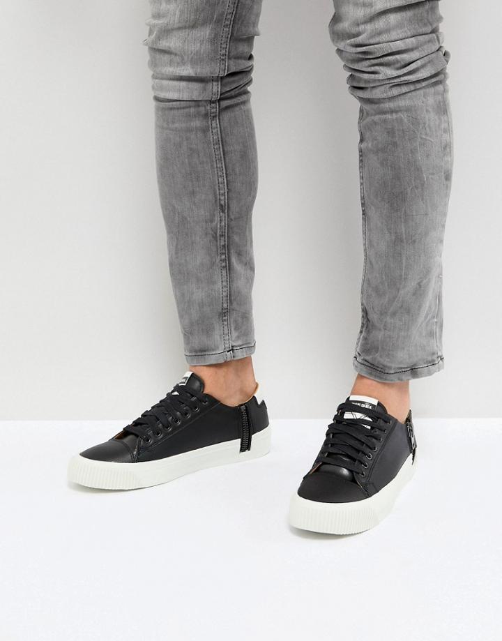 Diesel Leather Sneakers With Zip Detail - Black