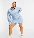 Asos Design Curve Zip Up Denim Dress In Midwash-blues