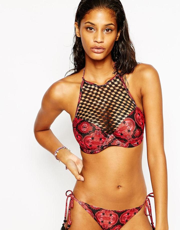 Asos Fuller Bust Moroccan Print Macrame Halter Bikini Top Dd-f - Moroccan Print