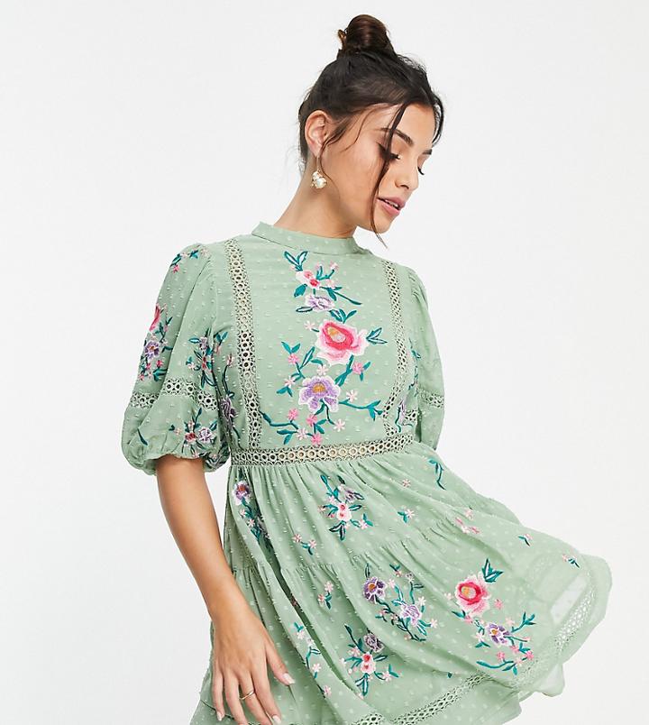Asos Design Petite High Neck Textured Embroidered Mini Dress With Lace Trims In Sage Green