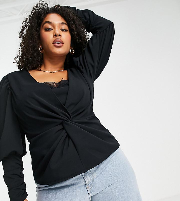 Asos Design Curve Stretch Blouse With Volume Sleeve And Lace Detail In Black