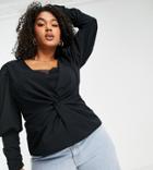Asos Design Curve Stretch Blouse With Volume Sleeve And Lace Detail In Black