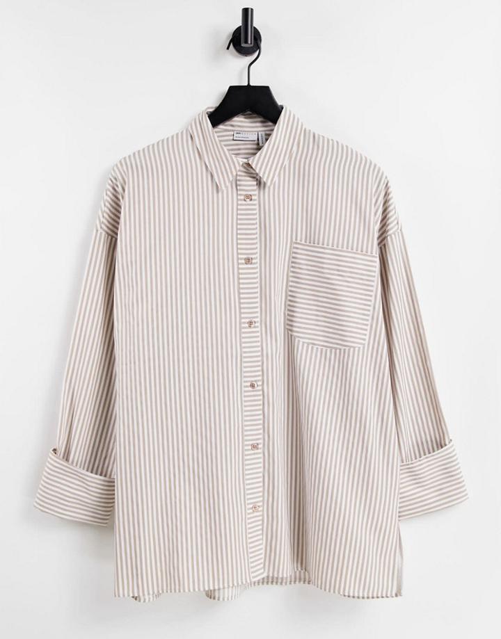 Asos Design Long Sleeve Oversized Cotton Dad Shirt In Tan And White Stripe-multi
