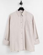 Asos Design Long Sleeve Oversized Cotton Dad Shirt In Tan And White Stripe-multi