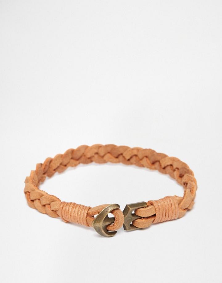 Asos Leather Bracelet In Tan With Anchor Fastening - Tan
