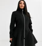 Asos Design Curve Swing Coat With Zip Front Detail In Black