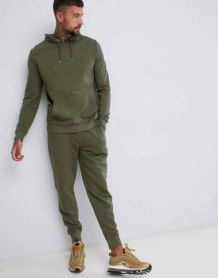 Asos Design Tracksuit Hoodie/tapered Joggers In Khaki - Green