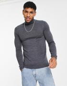Asos Design Muscle Fit Merino Wool Roll Neck Sweater In Charcoal-gray