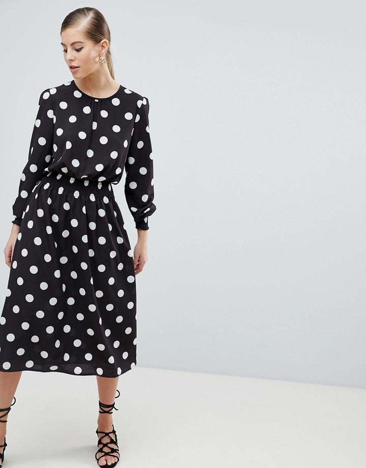 Ax Paris Polka Dot Midi Dress With Ruched Waist - Black