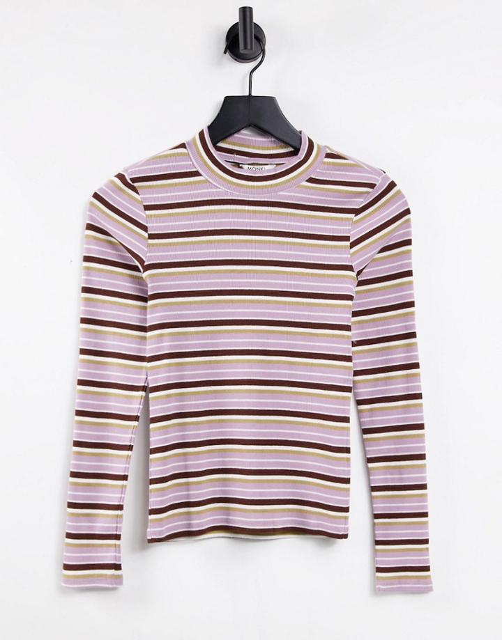 Monki Organic Cotton High Neck Stripe Top In Purple Multi
