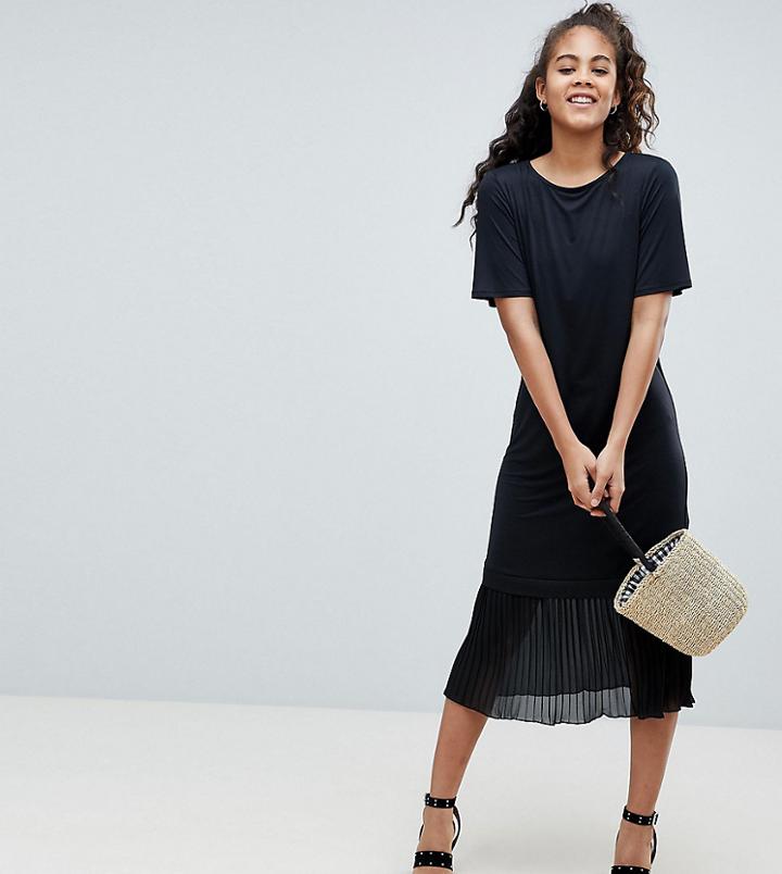 Asos Design Tall Midi T-shirt Dress With Pleated Hem - Black