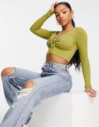 Pull & Bear Long Sleeve Top With Ruched Front Detail In Green
