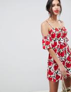 Asos Design Puff Sleeve Cold Shoulder Mini Sundress In Tulip Print - Multi