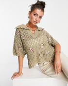 Mango Crochet Flower Knit Top With Collar In Khaki-green