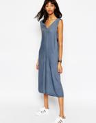 Asos Chambray Jumpsuit With Banded Sides And Culotte Leg - Blue