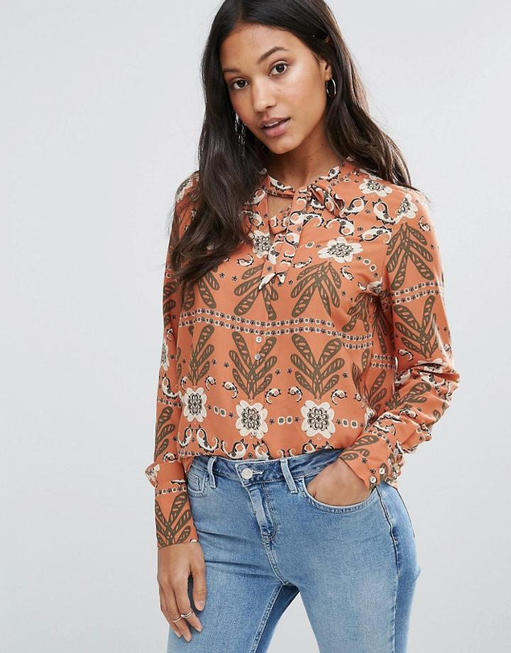 Vila Printed Pussy Bow Blouse - Brown