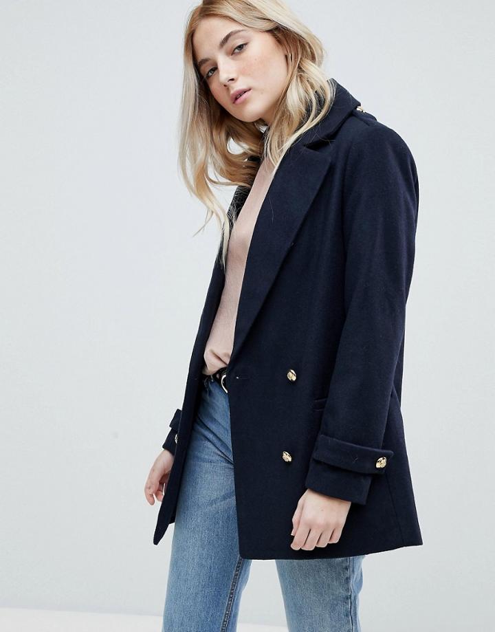 New Look Formal Pea Coat With Gold Buttons - Blue