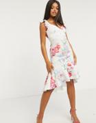 Lipsy Plunge Front Ruffle Midi Dress In Pink Floral Print-multi