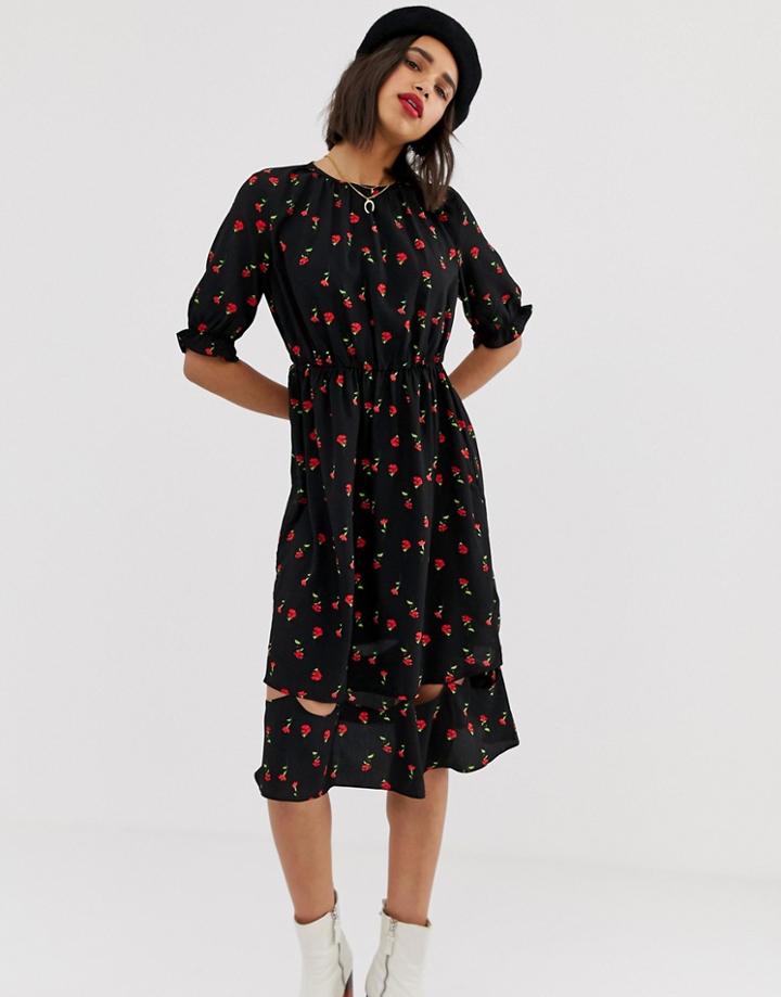 Lost Ink Midi Smock Dress In Rosebud Print-black