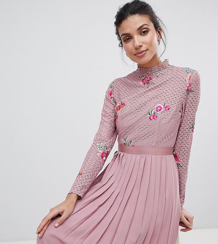 Little Mistress Tall Embroidered Lace Top Midaxi Dress With Pleated Skirt - Pink