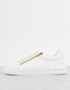 Asos Design Faux Leather Sneakers In White With Diamond Sole Feature And Gold Zips