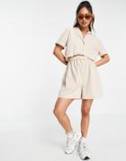 Asos Design Plain Poplin Cut Out Collar Romper In Stone-multi