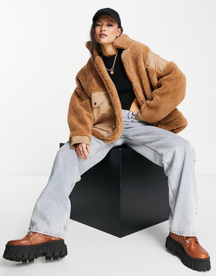 Sixth June Oversized Sherpa Coat With Contrast Pockets-neutral