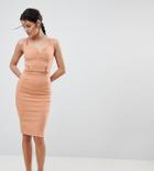 Vesper Plunge Sweetheart Pencil Dress With Rose Gold Trim - Tan