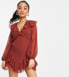 Asos Design Petite Textured Button Up Lace Trim Mini Tea Dress In Rust