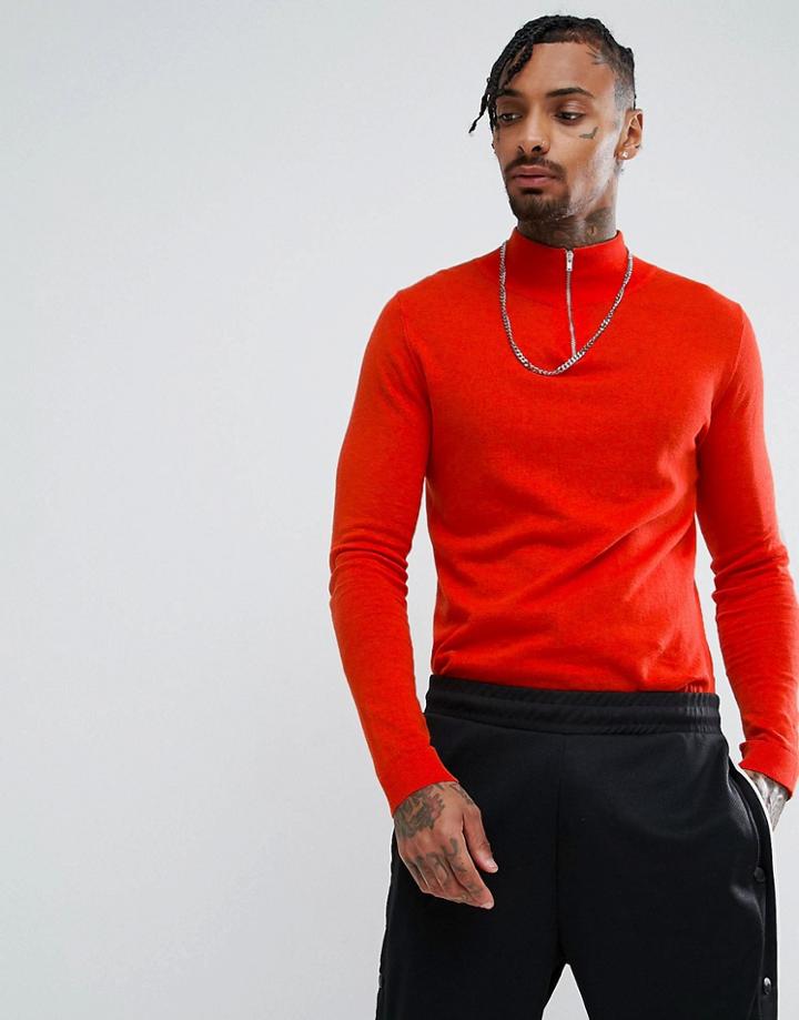 Asos Half Zip Cotton Sweater In Orange - Gray