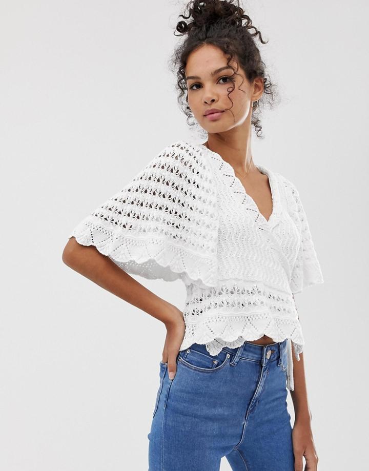 Asos Design Crochet Wrap Top - White