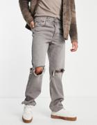 Asos Design Straight Leg Jeans In Tinted Gray With Knee Rips-grey