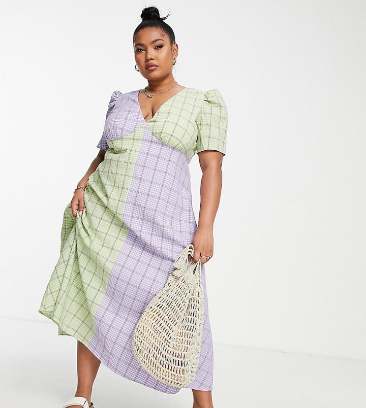 The Frolic Plus Mix And Match Gingham Midi Dress In Lilac And Green-multi
