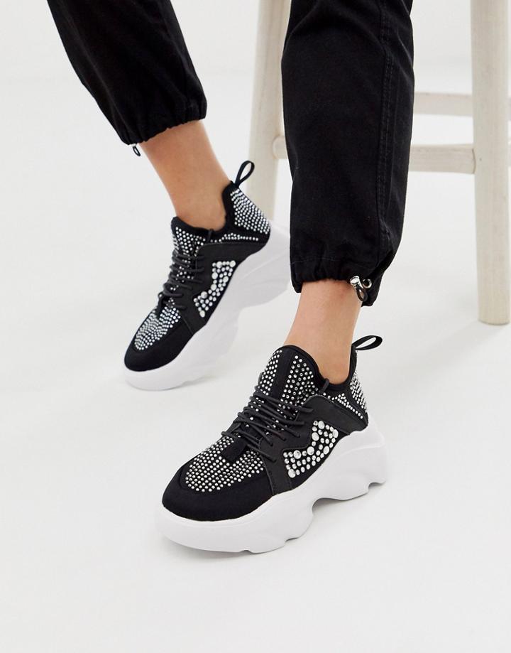 Asos Design Director Embellished Chunky Lace Up Sneakers In Black - Black