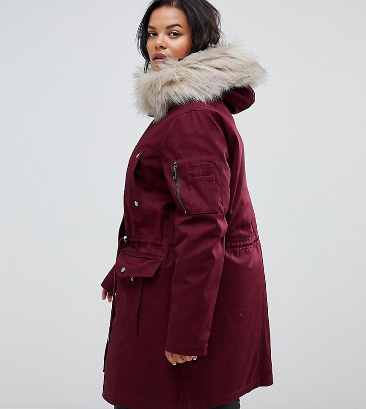 Asos Design Curve Parka With Detachable Faux Fur Liner In Oxblood - Purple