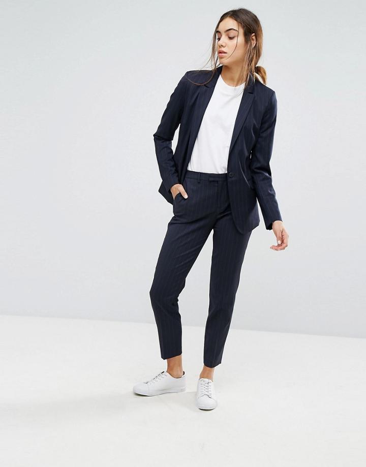 Selected Foxy Lux Pinstripe Wool Blend Slim Cropped Tailored Pants - Navy