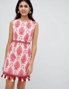 Rare London Embroidered Trim Printed Shift Dress - Orange