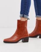 Vagabond Simone Brown Leather Western Mid Heeled Ankle Boots With Square Toe