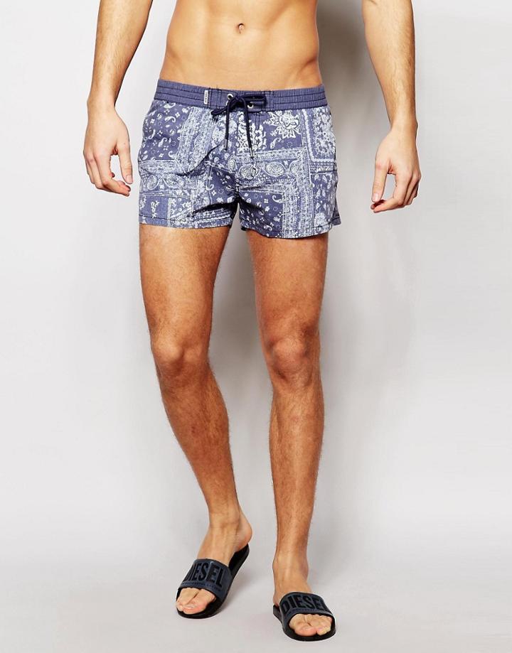 Diesel Paisley Swim Shorts In Shorter Length - Blue