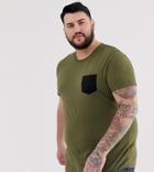 Asos Design Plus T-shirt With Contrast Pocket In Green