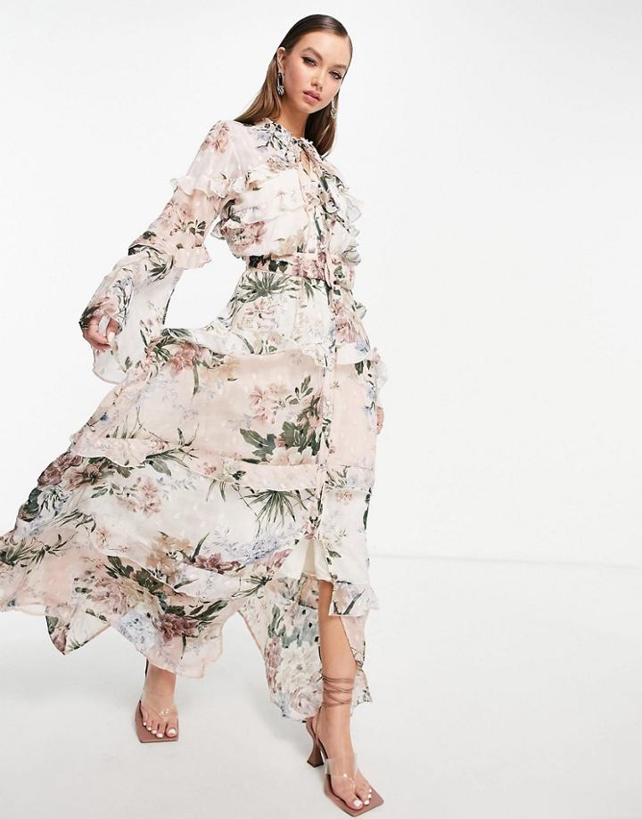 Asos Design Mixed Print Floral Maxi Dress On Jacquard Base With Button Front Detail-multi