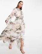 Asos Design Mixed Print Floral Maxi Dress On Jacquard Base With Button Front Detail-multi