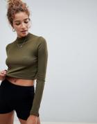 Asos Design Long Sleeve High Neck Crop Top In Rib In Khaki - Green