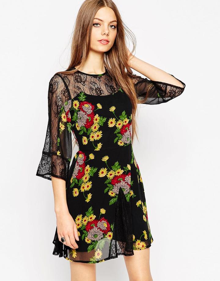 Asos Skater Dress With Lace Insert With Floral Print - Multi