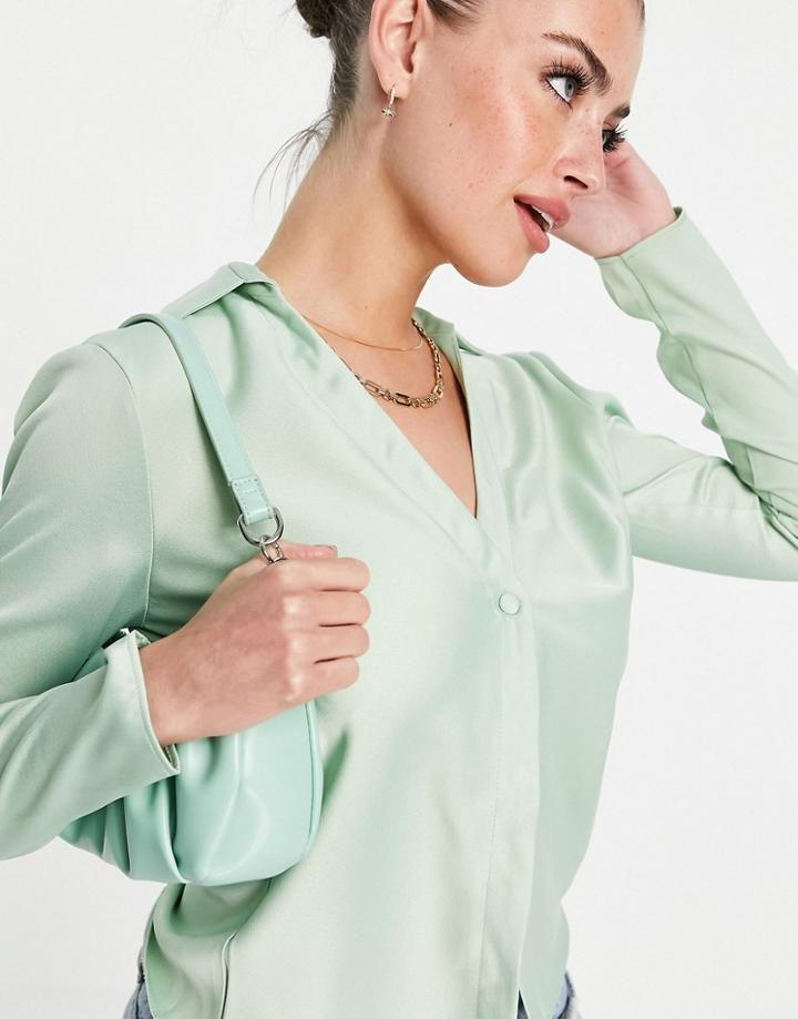 Asos Design Slim Fit Satin Shirt In Sage-green